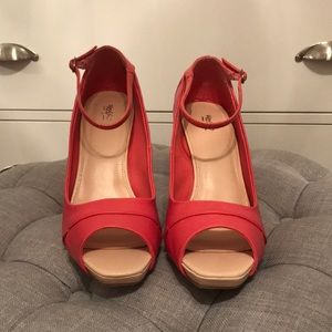 Coral peep toe ankle strap heels